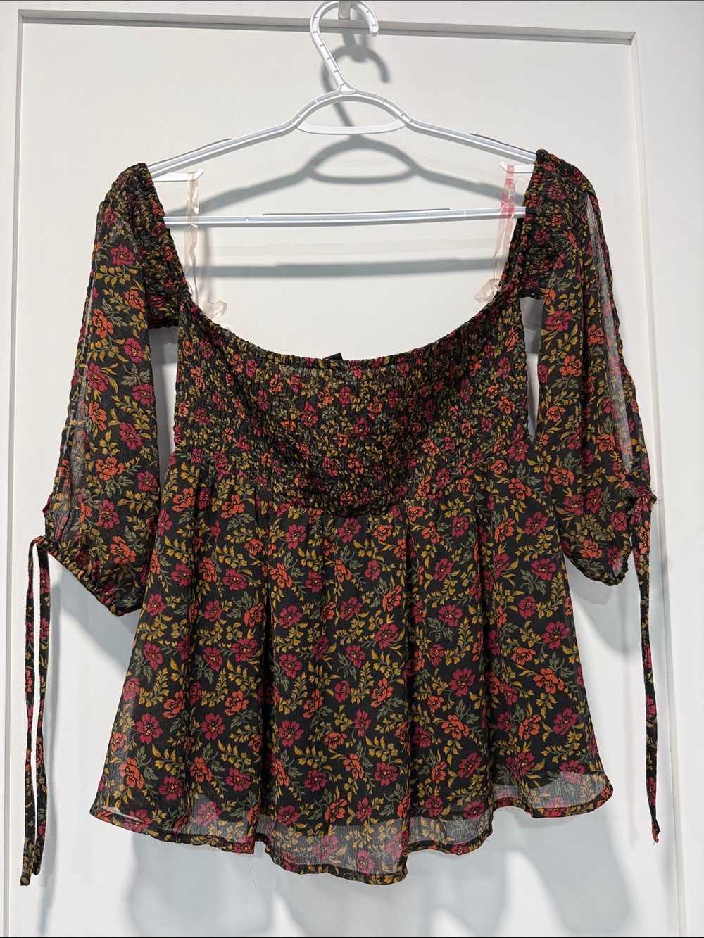 Floral Off-Shoulder Peasant Top - Black with Pink & Mustard Flowers